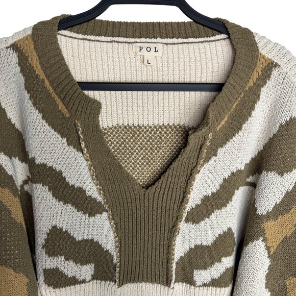 POL Olive & Ivory Oversized Cozy Chunky Knit Sweater‎ Zebra Pattern Womens Large - Picture 2 of 10